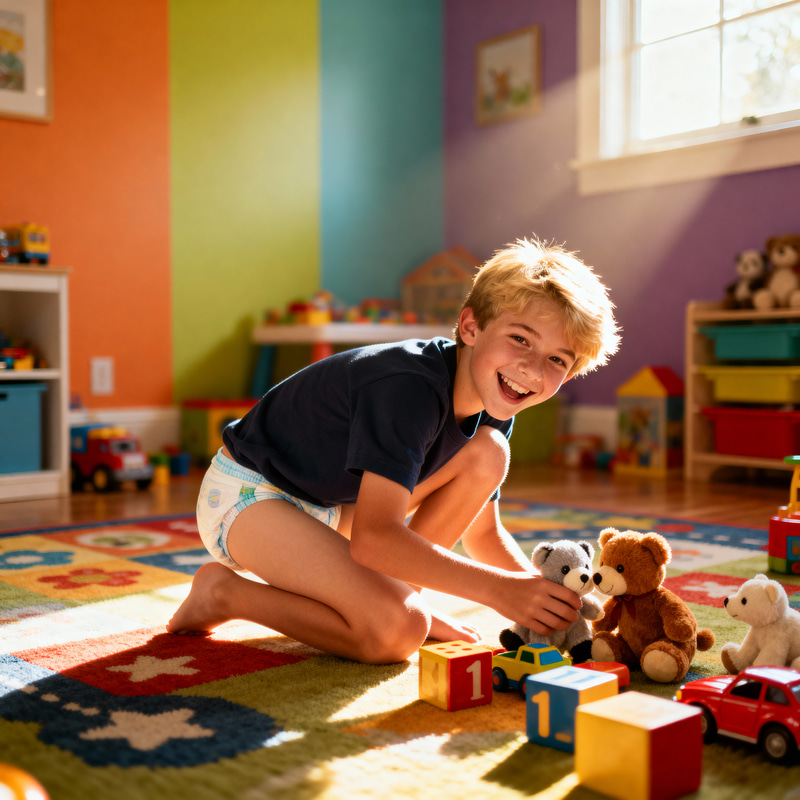 Playful 15-Year-Old Boy in Colorful Playroom Playful 15-Year-Old Boy in Colorful Playroom