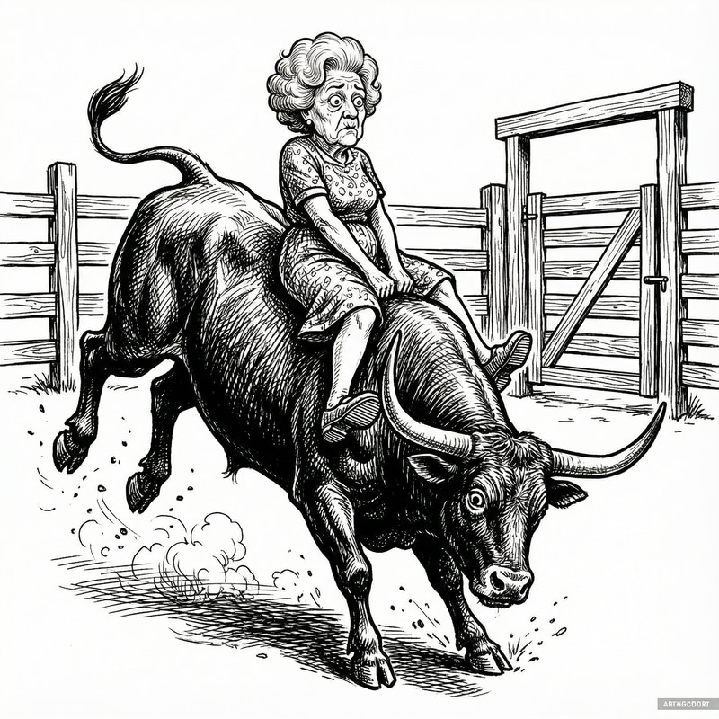 Elderly Lady on a Bucking Bull Cartoon