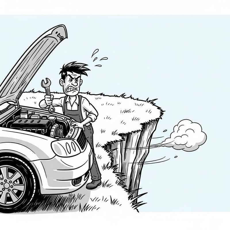 Frustrated Man with Wrench by Car - Cartoon Sketch