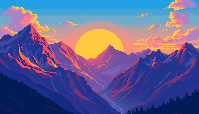 Majestic Pixel Art Mountain Landscape at Sunrise Majestic Pixel Art Mountain Landscape at Sunrise