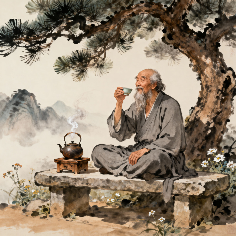 Ancient Image of an Old Man Enjoying Tea Ancient Image of an Old Man Enjoying Tea