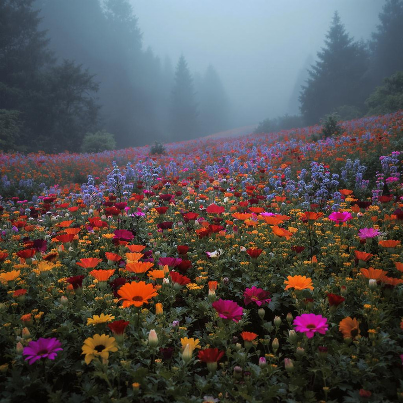 Vibrant Wildflowers in a Misty Morning Landscape Vibrant Wildflowers in a Misty Morning Landscape