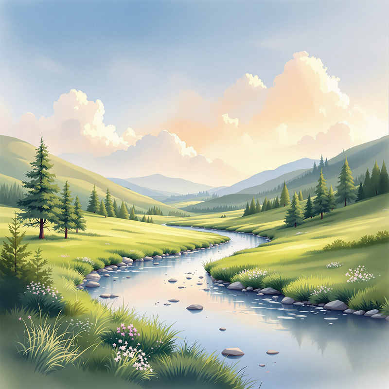 Peaceful River Valley Watercolor Artwork Peaceful River Valley Watercolor Artwork