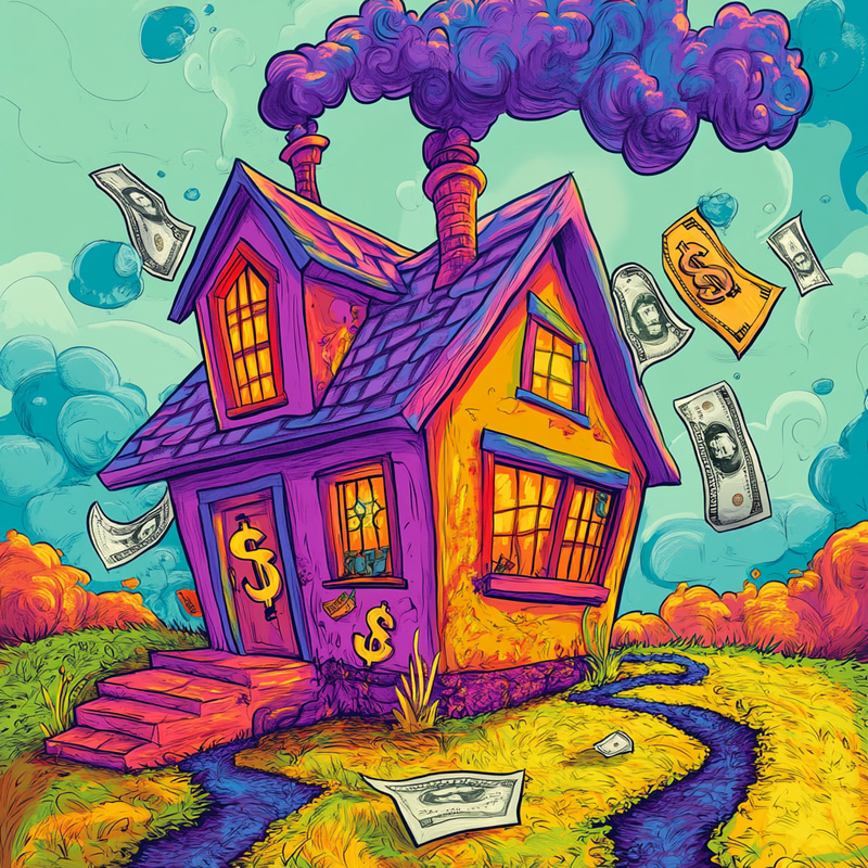 Whimsical Cartoon House with Dollar Signs Whimsical Cartoon House with Dollar Signs