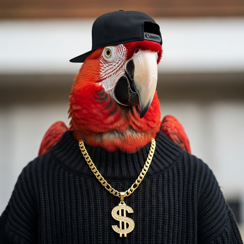 Red Animated Macaw with Gold Chain and Black Sweater Red Animated Macaw with Gold Chain and Black Sweater