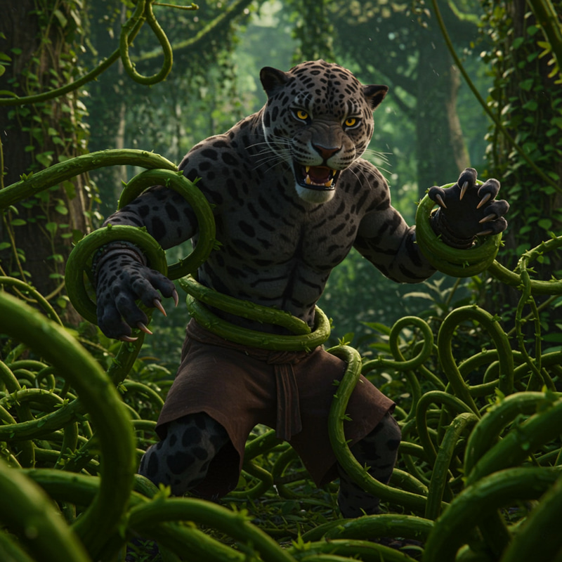 Anthropomorphic Jaguar vs. Vines - Epic Battle Scene Anthropomorphic Jaguar vs. Vines - Epic Battle Scene