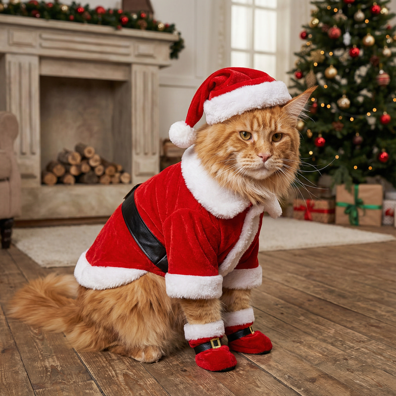 Orange Maine Coon Cat in Full Santa Suit Orange Maine Coon Cat in Full Santa Suit