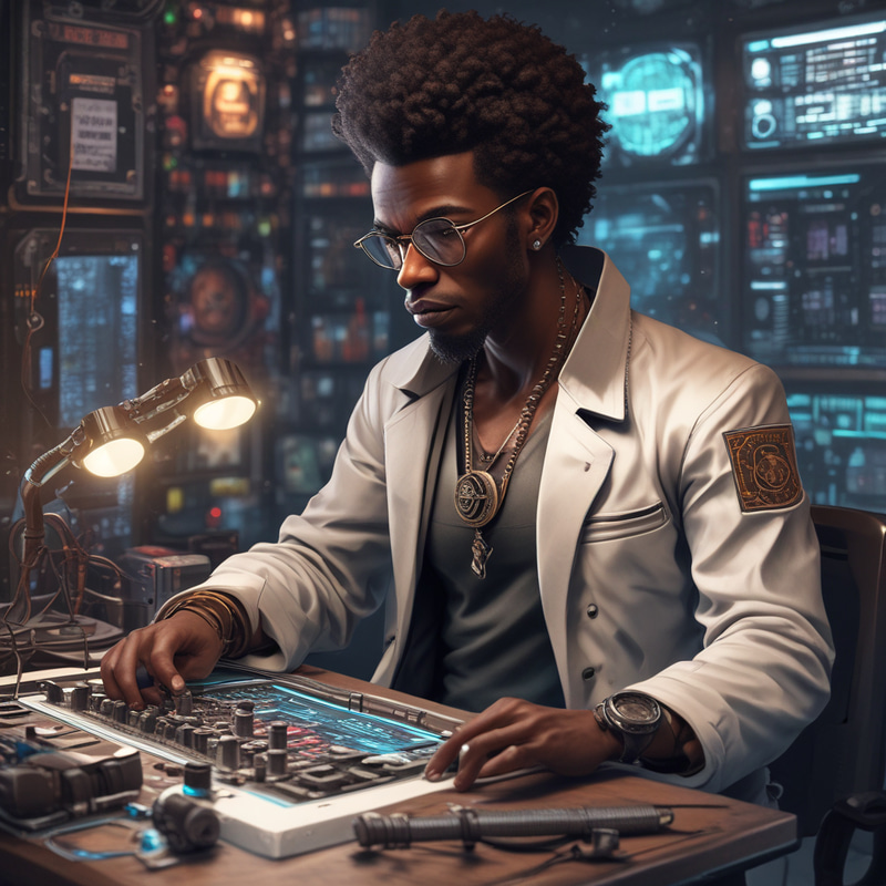 Cyberpunk Research Lab - Afro Old Male Scientist Cyberpunk Research Lab - Afro Old Male Scientist