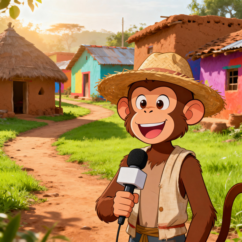 Cheerful Cartoon Monkey Reporter in a Rustic Village Cheerful Cartoon Monkey Reporter in a Rustic Village