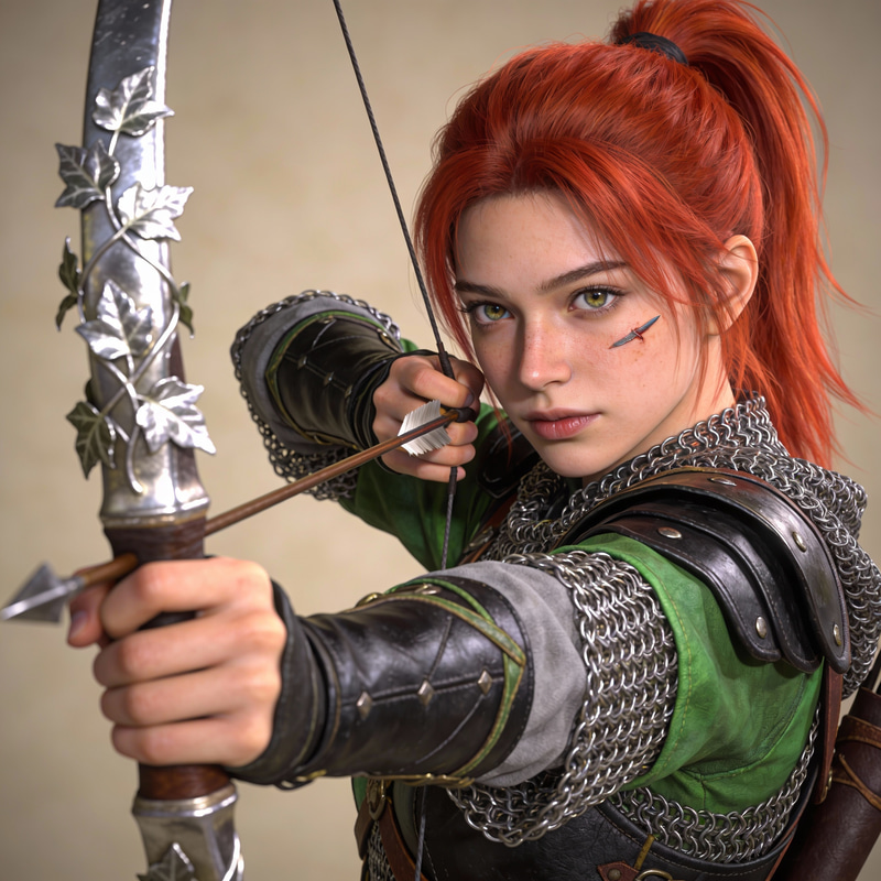 Vibrant Young Fighter with Silver Bow and Red Hair