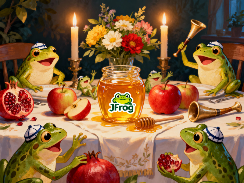 Whimsical Rosh Hashanah Illustration with Joyful Frogs