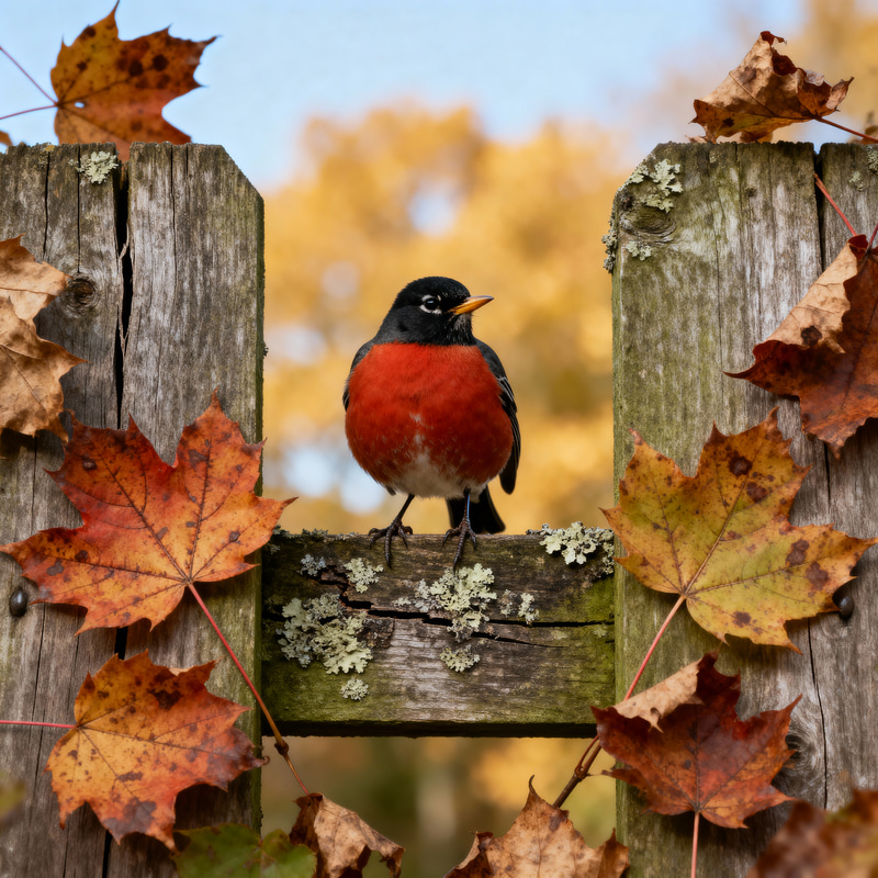 Charming Autumn Robin on a Rustic Fence Charming Autumn Robin on a Rustic Fence