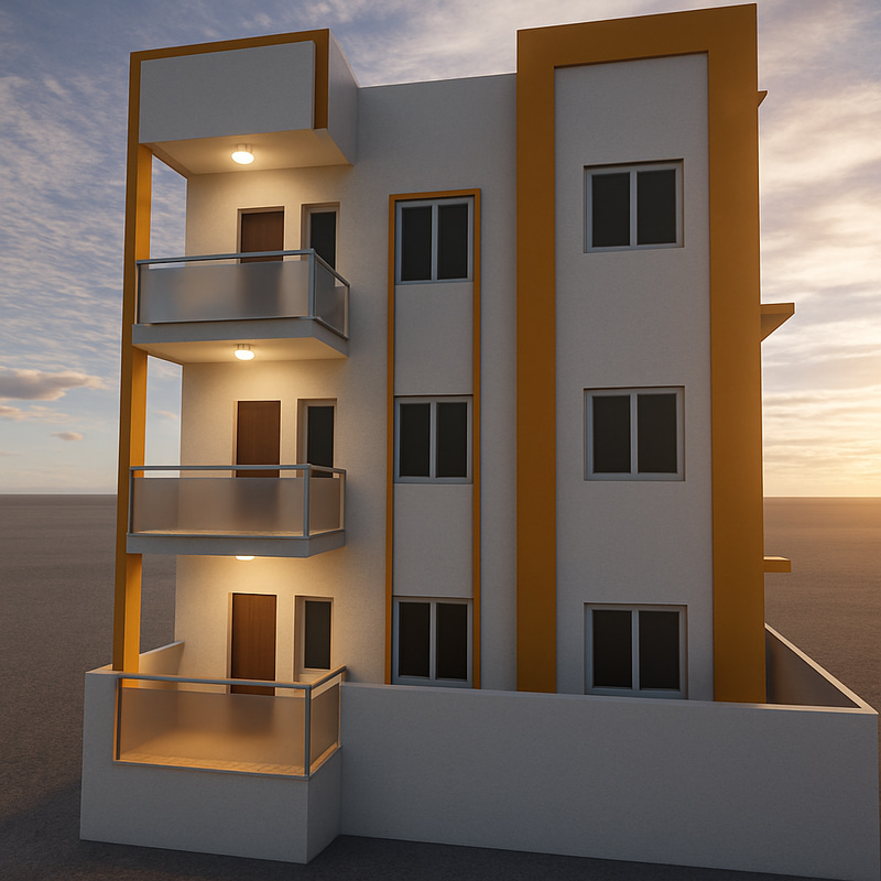 Realistic Facade Design with Illuminated Terraces Realistic Facade Design with Illuminated Terraces