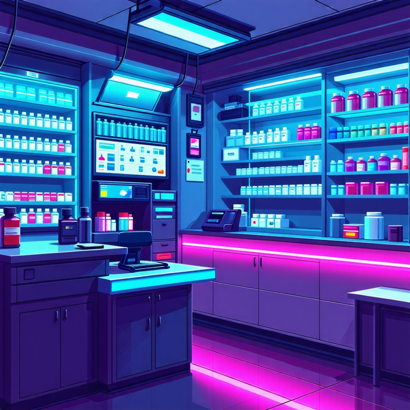 Futuristic Online Pharmacy | Cyberpunk Digital Painting Futuristic Online Pharmacy | Cyberpunk Digital Painting