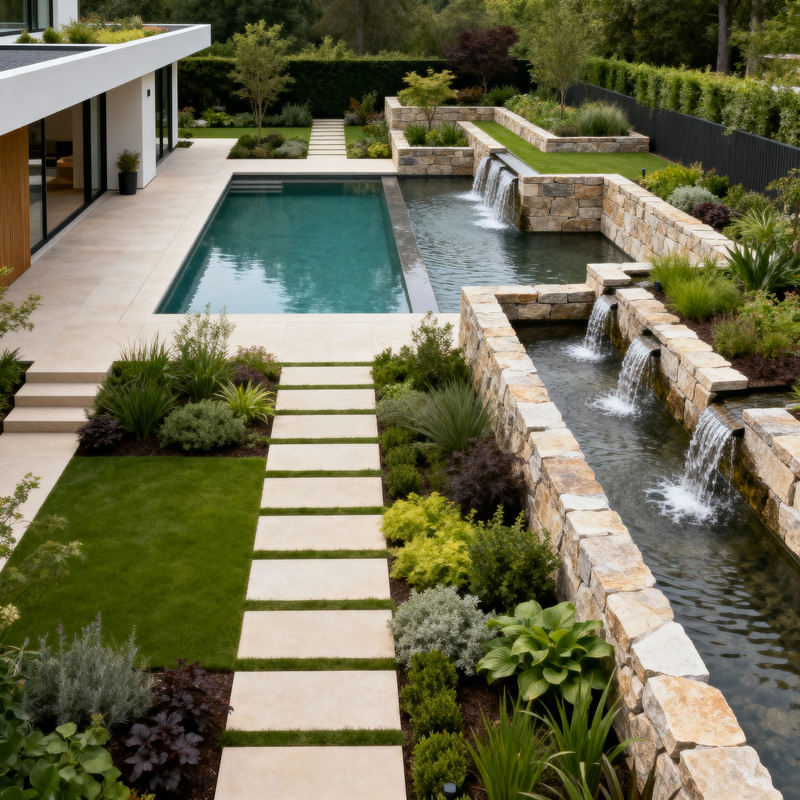 Modern L-Shape House with Pool in Stunning Landscape