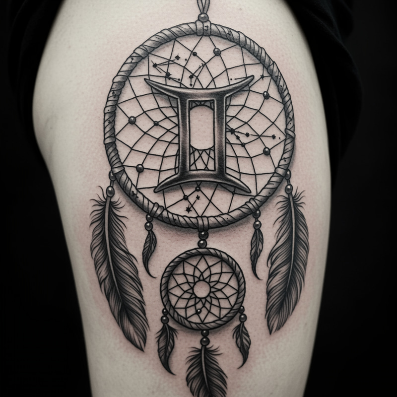 Dreamcatcher Tattoo with Gemini Symbol Dreamcatcher Tattoo with Gemini Symbol