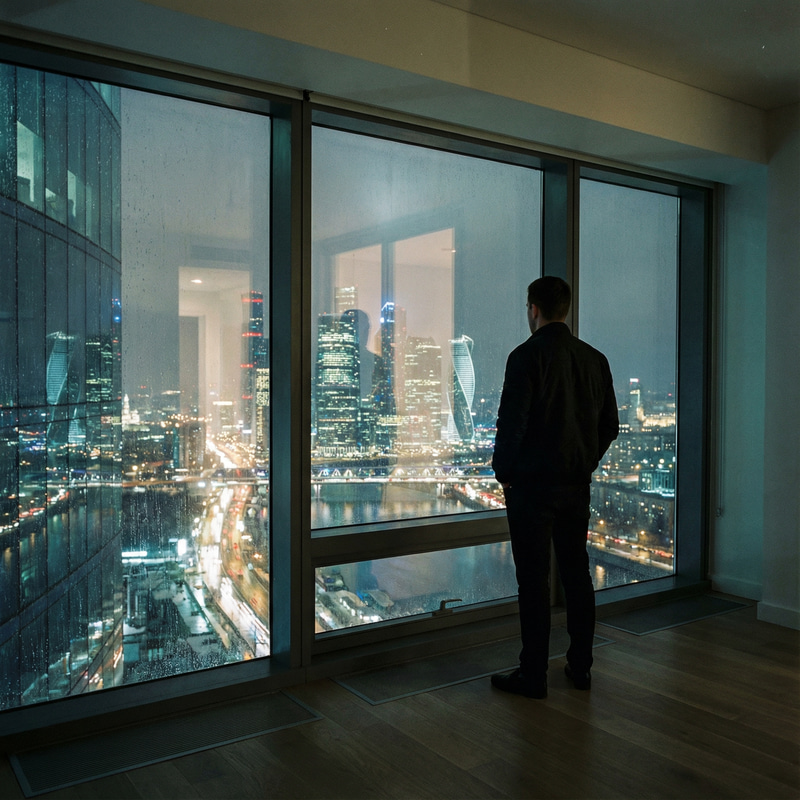 Man Gazing at City Skyline Through Window at Night