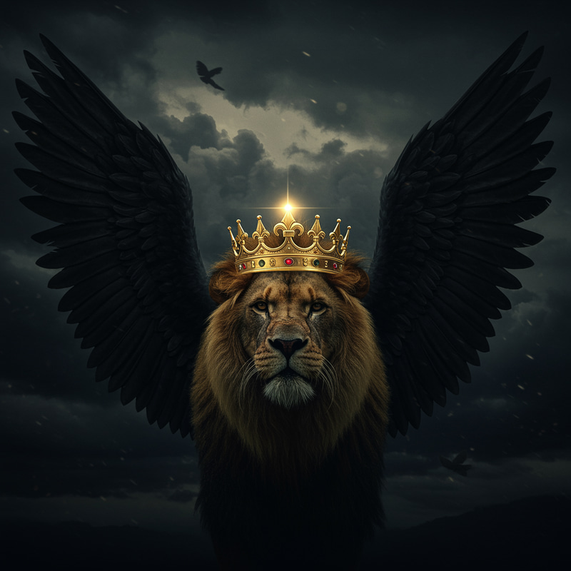 Black Angel Wings with Roaring Lion and Crown Black Angel Wings with Roaring Lion and Crown