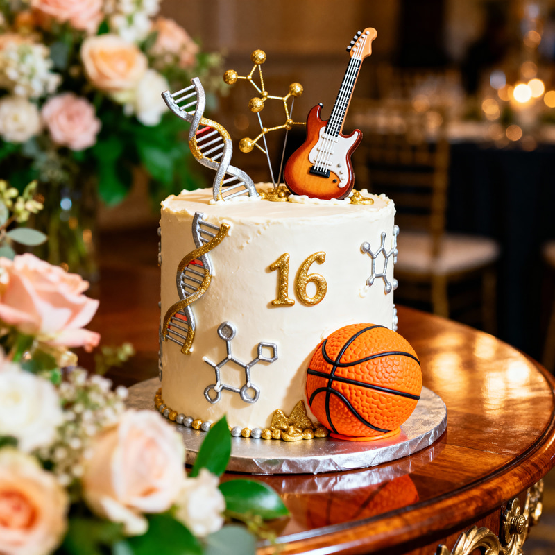 Elegant Sweet 16 Cake with Biosciences & Sports Themes