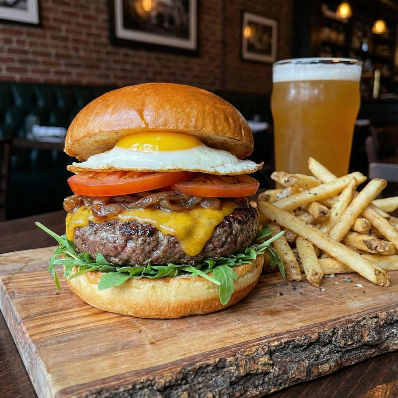 Delicious Gourmet Burger with Cheese & Vegetables Delicious Gourmet Burger with Cheese & Vegetables