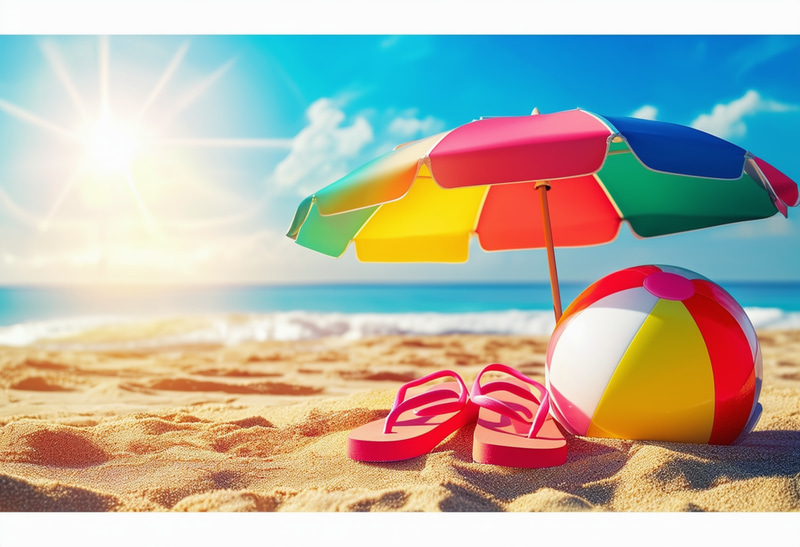 Sunny Beach Scene: Beautiful View with Parasol and Beach Ball Sunny Beach Scene: Beautiful View with Parasol and Beach Ball