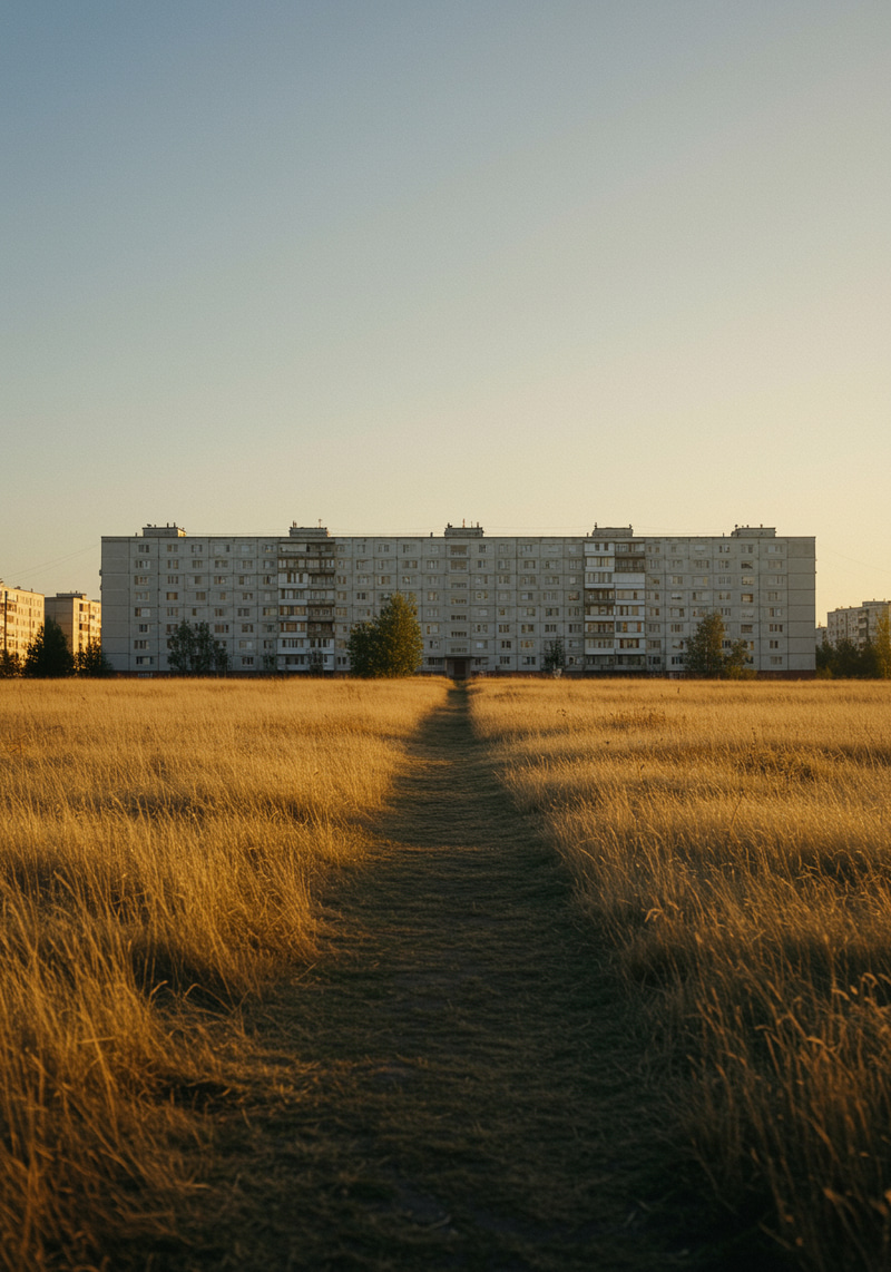 Soviet Apartment Block in a Serene Field Soviet Apartment Block in a Serene Field