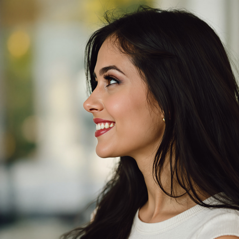 Smiling European Girl with Long Dark Hair Profile