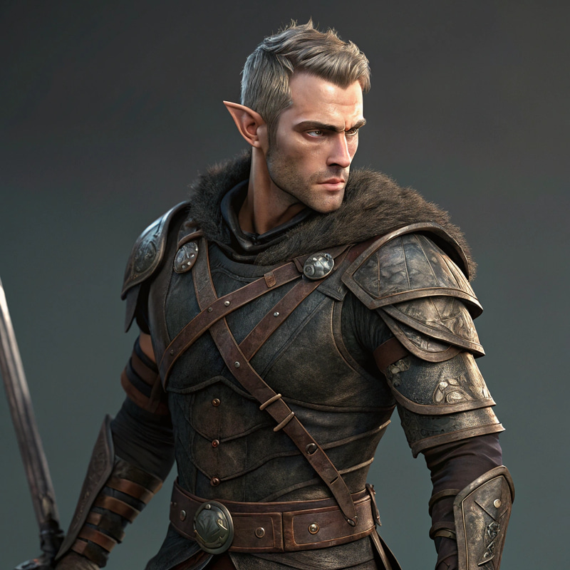 Rugged Half-Elf Rogue in Dark Leather Armor Rugged Half-Elf Rogue in Dark Leather Armor