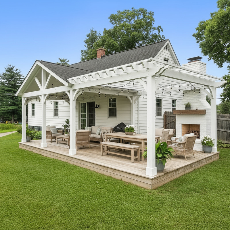 Rustic Large Covered Deck with Pergola & Fireplace