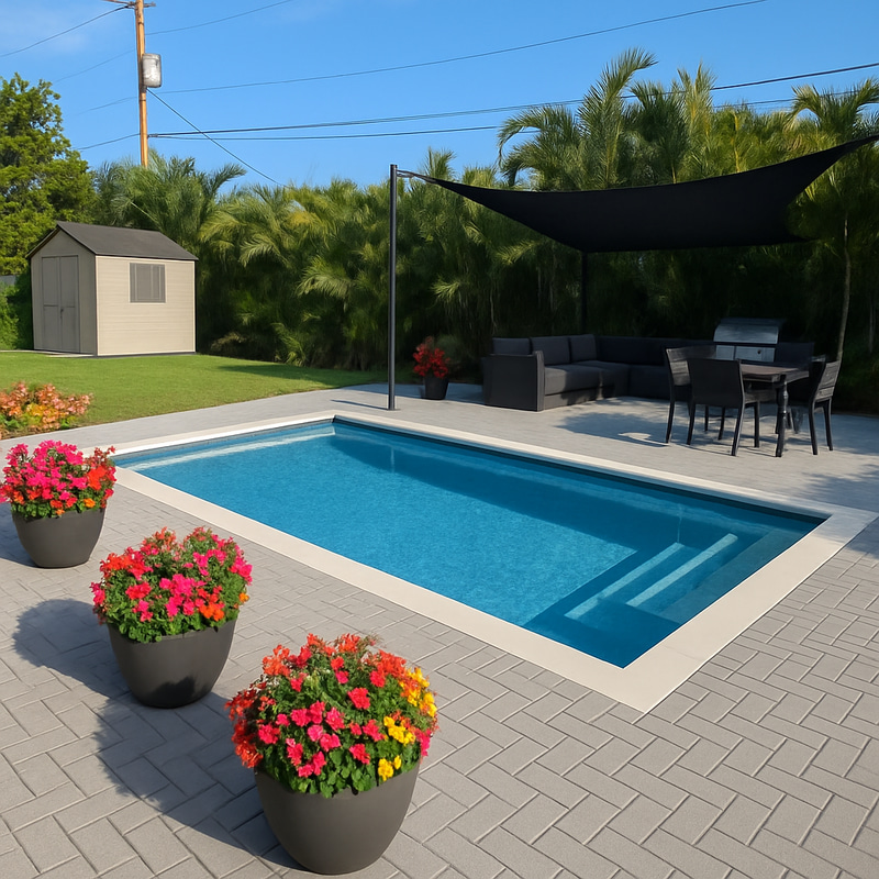 Stunning Rectangle Pool with Vibrant Patio Design Stunning Rectangle Pool with Vibrant Patio Design