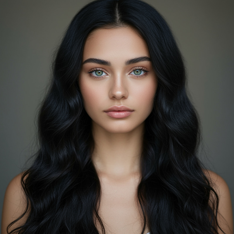 Stunning Girl with Long Wavy Black Hair and Green Eyes Stunning Girl with Long Wavy Black Hair and Green Eyes