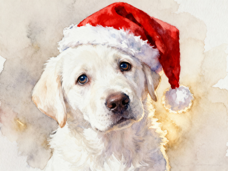 Snow White Labrador Puppy in Santa Hat