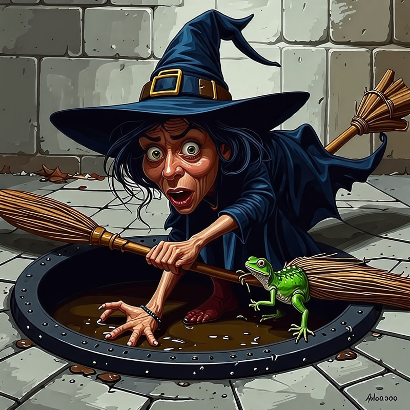 Funny Distressed Witch Crashes into Manhole | Curious Lizard Perched Funny Distressed Witch Crashes into Manhole | Curious Lizard Perched