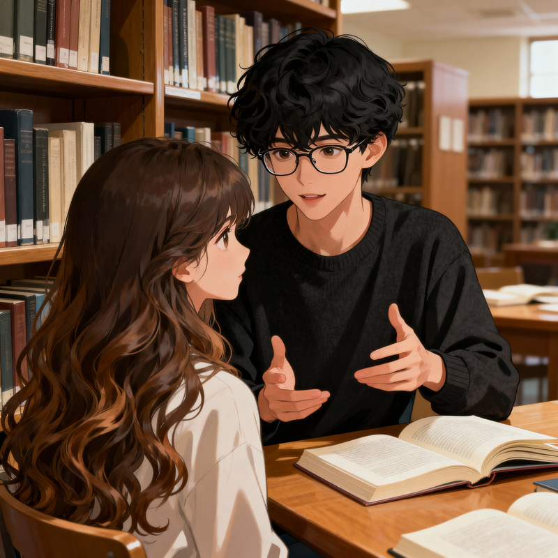 Boy with Glasses Explaining in Library Boy with Glasses Explaining in Library