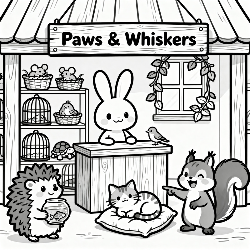 Paws & Whiskers: Cute Pet Shop Coloring Page