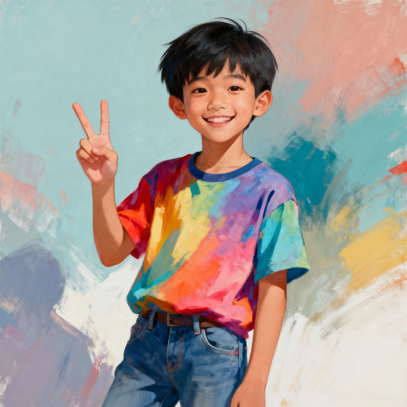 Confident Asian Boy Posing with a Peace Sign
