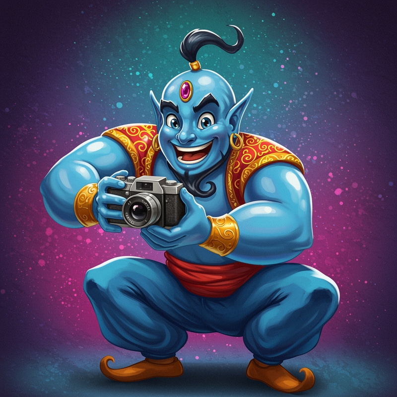 Whimsical Genie Mascot with Vintage Camera Whimsical Genie Mascot with Vintage Camera