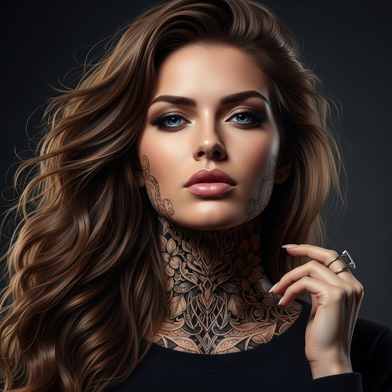 Stunning Badass Woman with Blue Eyes and Neck Tattoo Stunning Badass Woman with Blue Eyes and Neck Tattoo
