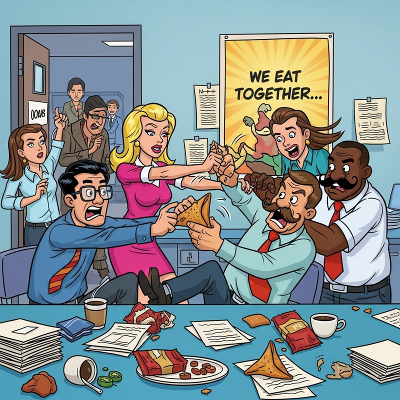 Humorous Office Workers and Their Samosa Battle Humorous Office Workers and Their Samosa Battle