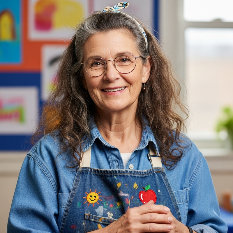 Cheerful Teacher in School Apron Cheerful Teacher in School Apron