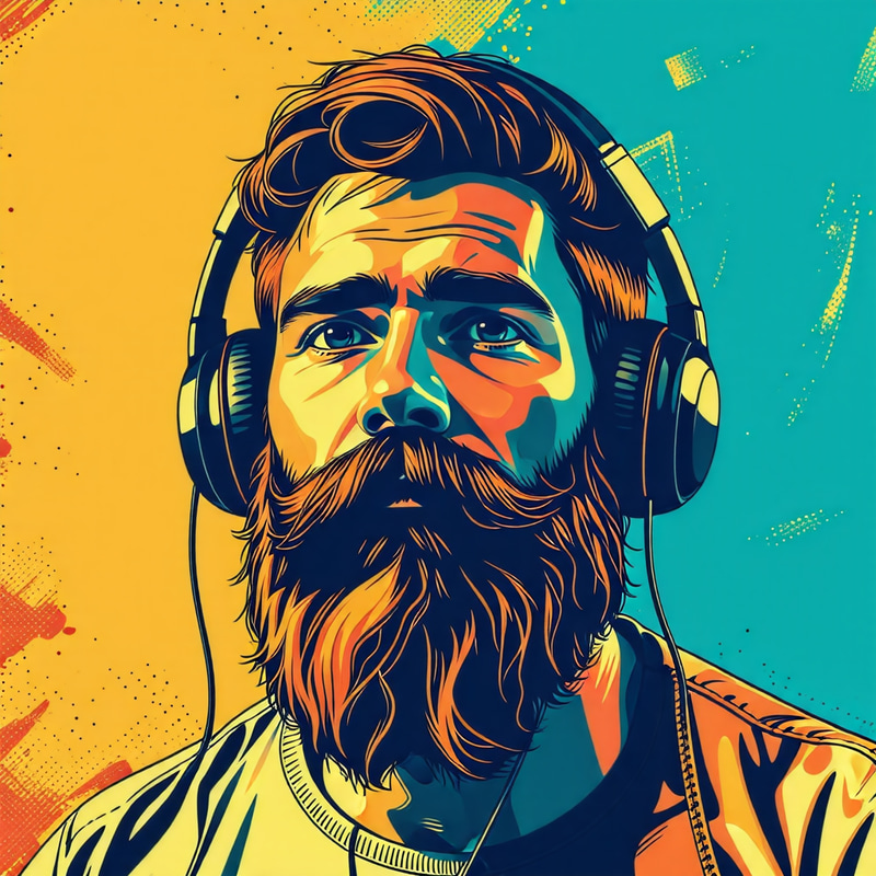 Bearded Man with Headphones, Vector Image Bearded Man with Headphones, Vector Image