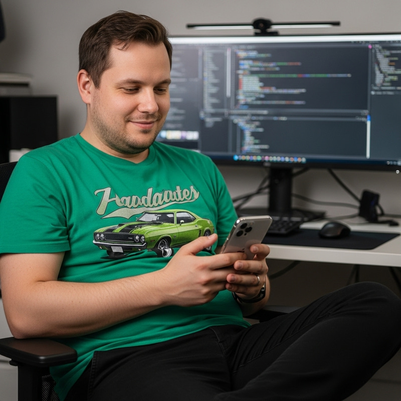 Casual Style: Man in Green Shirt with iPhone 16