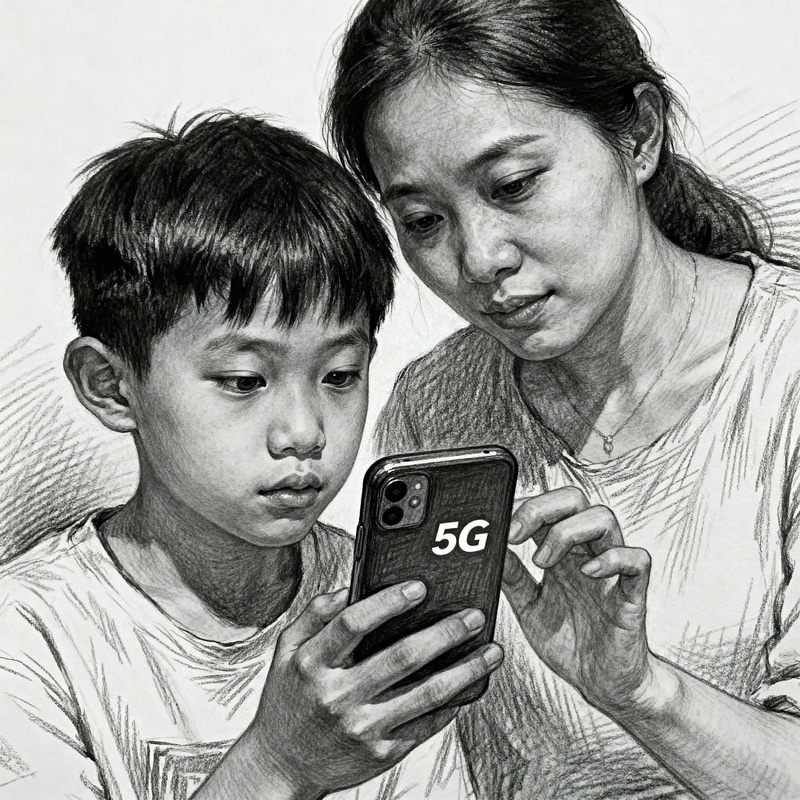 Realistic Pencil Drawing of a Mom and Kid with 5G Realistic Pencil Drawing of a Mom and Kid with 5G