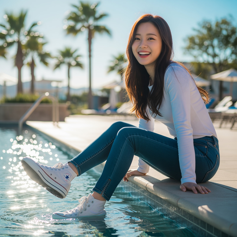 Joyful Korean Woman by Poolside - Trendy Summer Vibes Joyful Korean Woman by Poolside - Trendy Summer Vibes