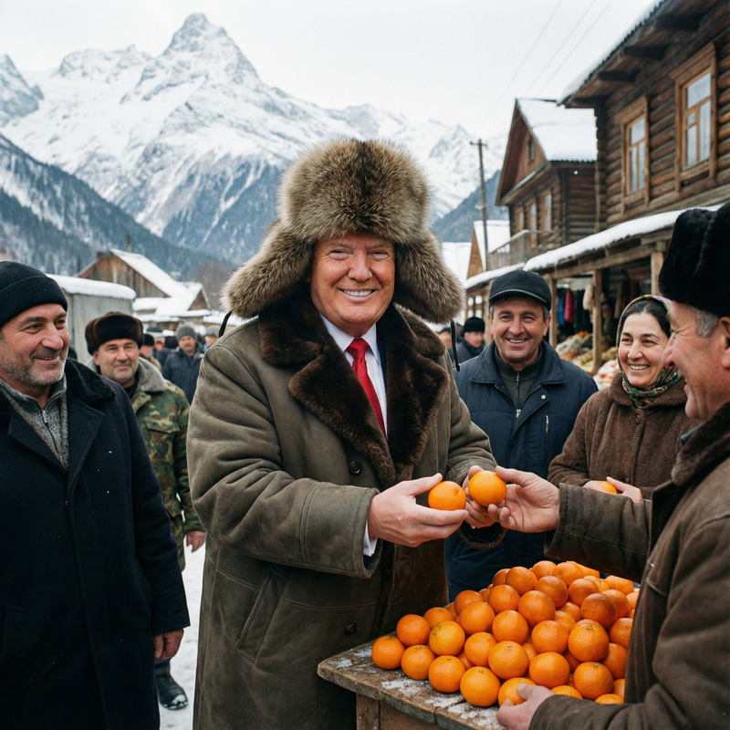 Trump in the Mountains with a Ushanka and Mandarins Trump in the Mountains with a Ushanka and Mandarins