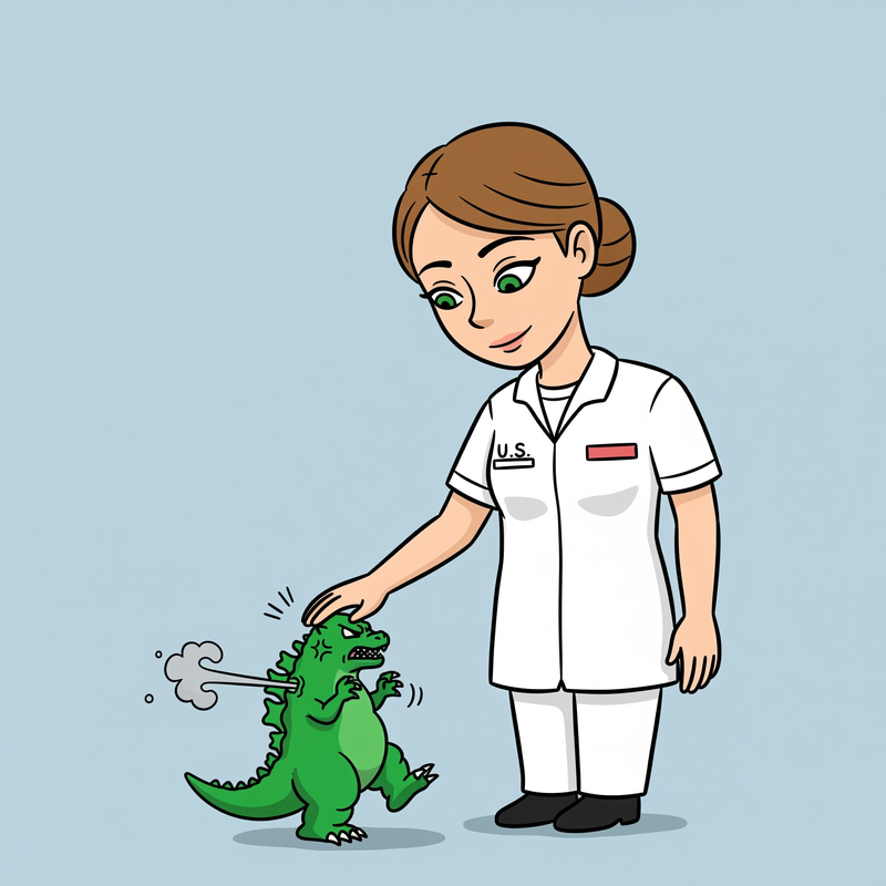 Navy Corpsman Calms Tiny Godzilla: Cartoon Fun Navy Corpsman Calms Tiny Godzilla: Cartoon Fun