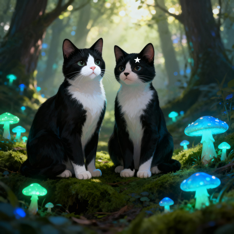 Magical Tuxedo Cats in Enchanted Forest Magical Tuxedo Cats in Enchanted Forest