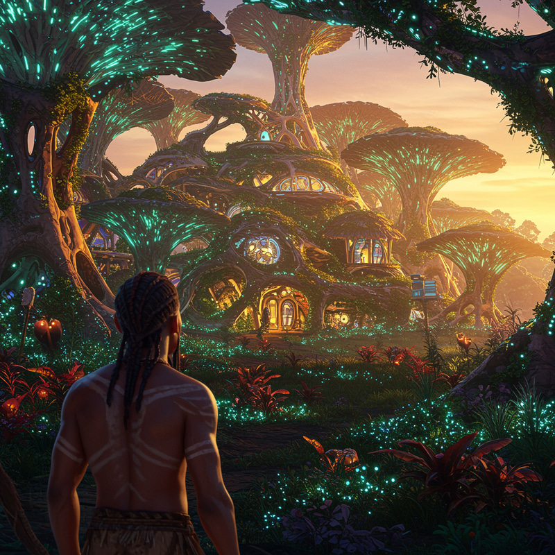 Futuristic Natural Village with African Warrior