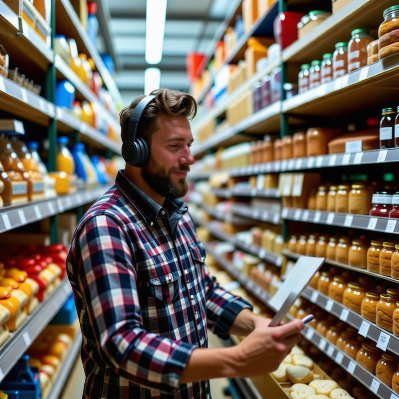 Man Working in Grocery Store Listening to Music
