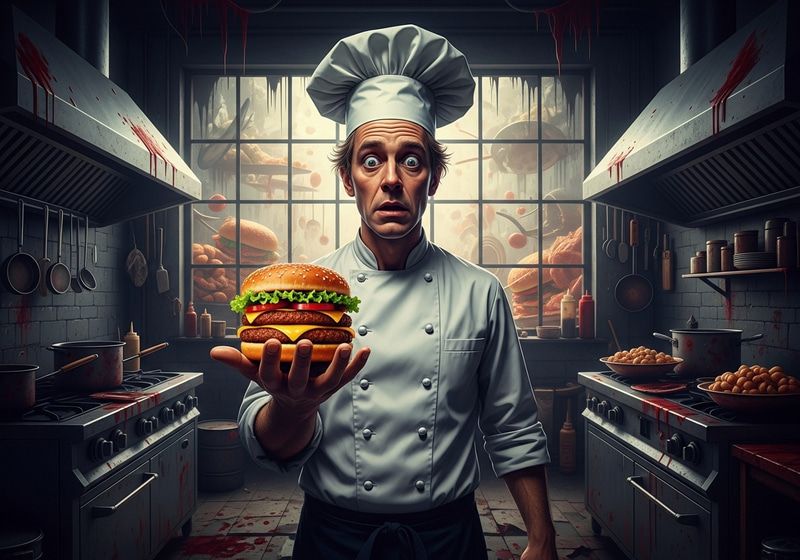 Chef with Burger in Horror Setting - Unique Thumbnail Chef with Burger in Horror Setting - Unique Thumbnail